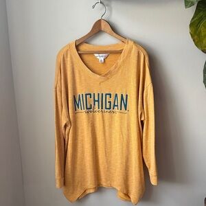 UofM University of Michigan Long Sleeve Ribbed Loose Fit V Neck Shirt Maize